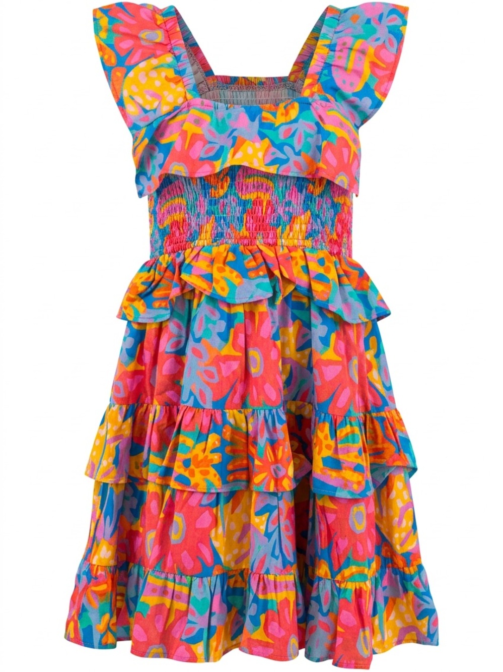Girls' Bright Floral Ruffle Sundress - Pink & Blue